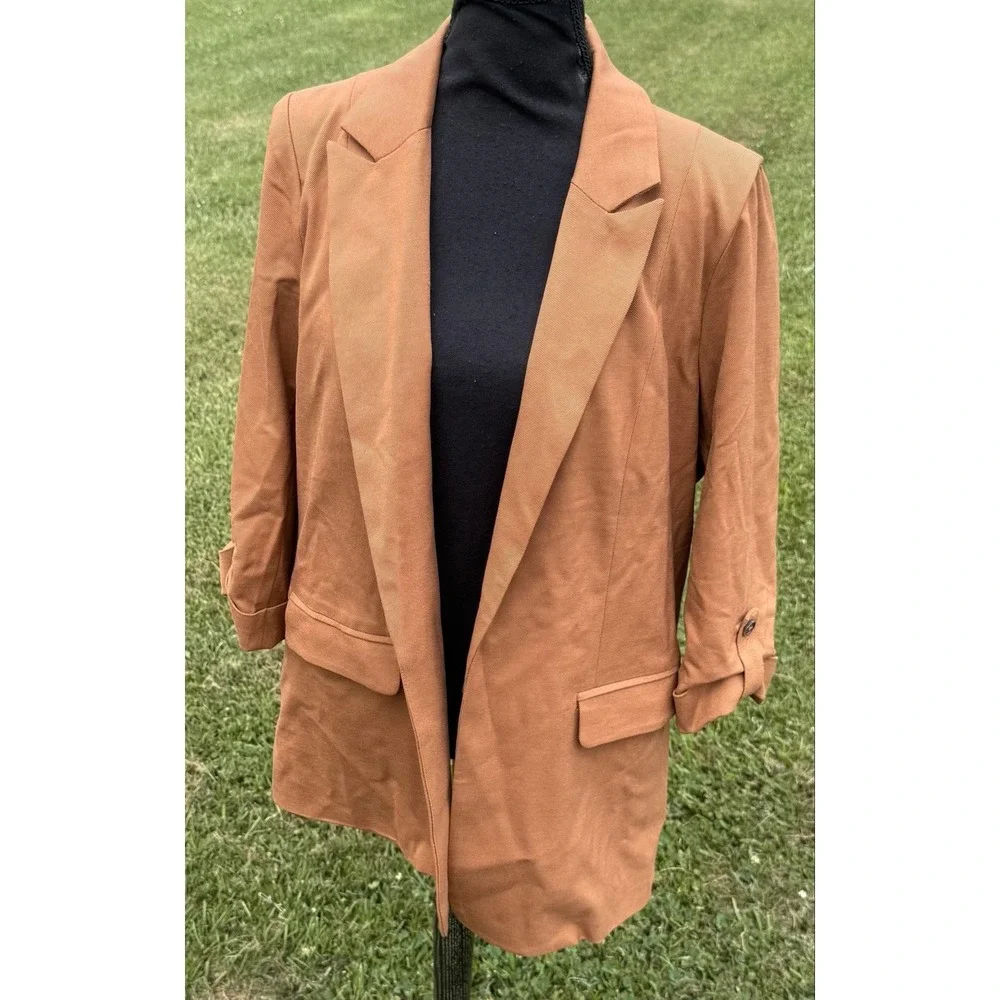 Skies Are Blue Blazer Womens L Brown Boyfriend Oversized Open Front Lined Jacket